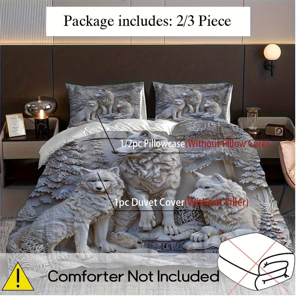 2/3Pcs Duvet Cover Set (1 Duvet Cover + 1/2 Pillowcase, Without Core), 3D Simple Forest White Wolf Animal Sculpture Print
