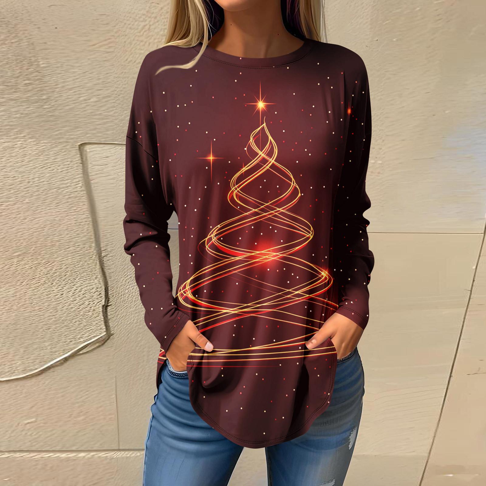 

Футболки для женщин, осенние повседневные рубашки с длинными рукавами, толстовка с ретро-принтом, топ для рождественской вечеринки, пуловер XXXL