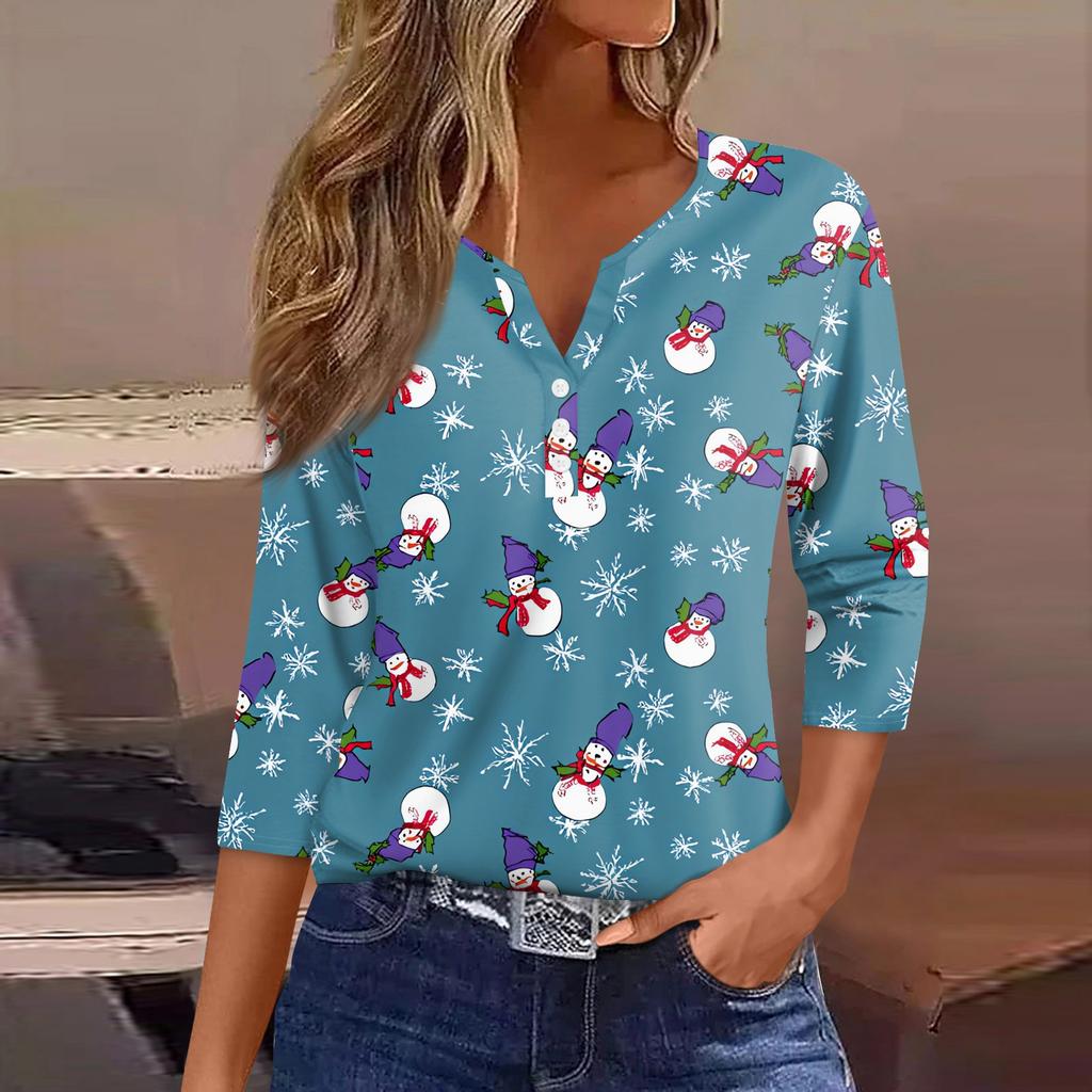 Women's T Shirt Tee Christmas Printed Button 3/4 Sleeve Tunic Daily Weekend Fashion Basic V- Neck Regular Top