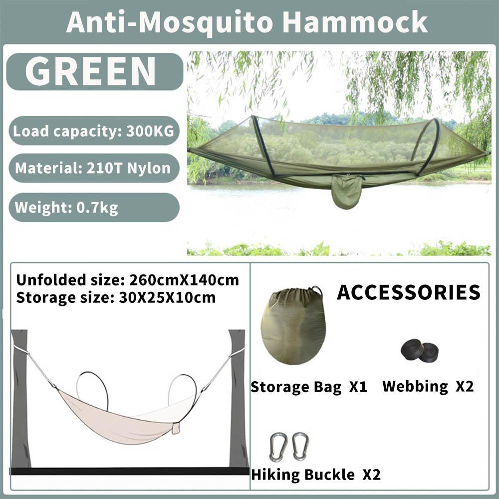 

2024 Гамак для кемпинга с москитной сеткой, всплывающий светильник, портативный уличный парашютный гамак, качели, гамак для сна, вещи для кемпинга 260X140cm зелёный