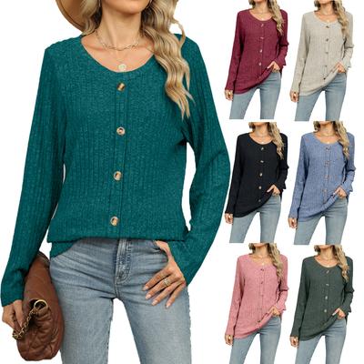 Single-breasted Round Neck Long-sleeved T-shirt Loose Top for Women