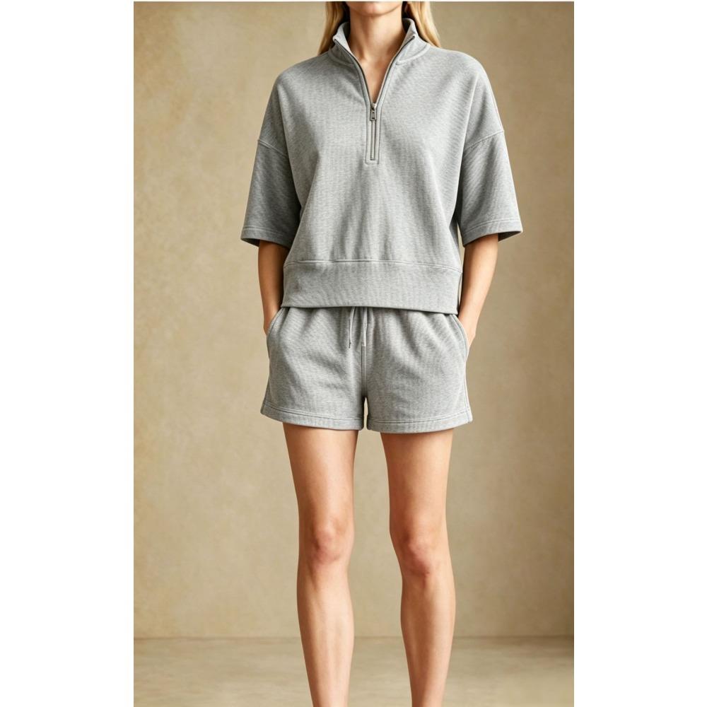 Women's Loose Tracksuit Half Zip Short Sleeve Sweatshirt Drawstring Waist Shorts