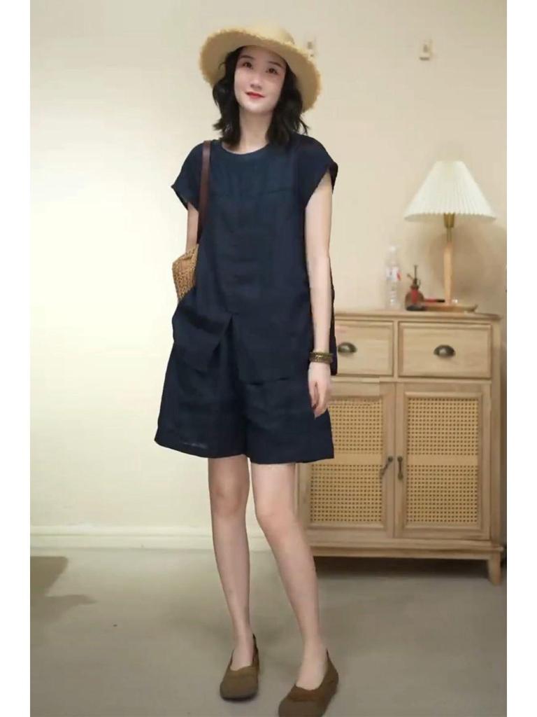 Solid Color Linen Summer Suit: Trendy Round Neck T-shirt + Shorts Two-Piece Set for Moms.