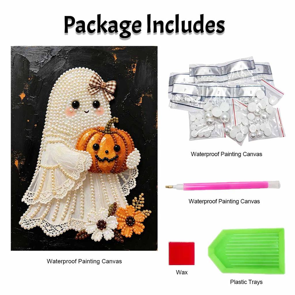 Frameless Pearl Bead Painting Kit Cute Ghost Pumpkin Design DIY Handmade Craft Canvas for Home Wall Decor Autumn Seasonal Gift Art