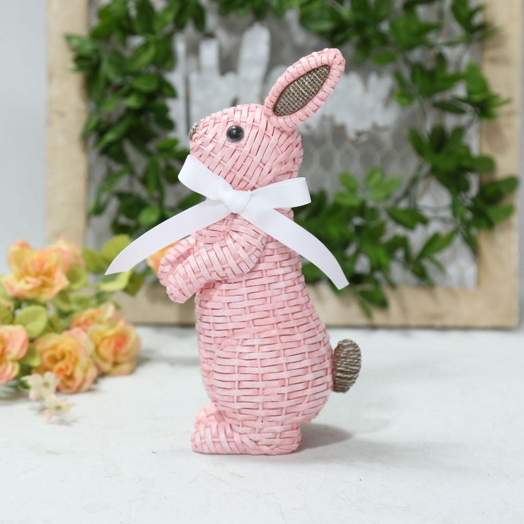 Easter Bunny Figurine Resin Rattan Woven Ornament Desk Decoration Festival for Children Day Birthday Wedding Gift Supply