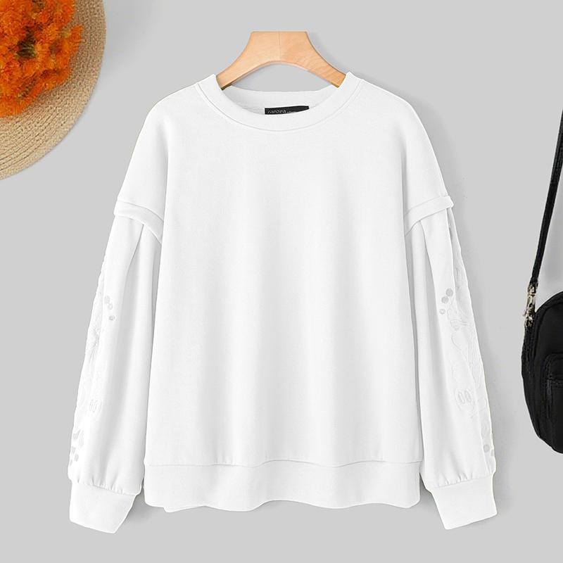 ZANZEA Women Casual Embroidered Splice Long Sleeve Loose Pullover Tops