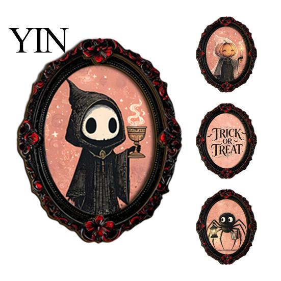 Halloween Party Supplies Retro Frame Refrigerator Magnet, Wood Oval Picture Fridge Kitchen Decor Magnet Cabinet Whiteboard for Home Office Artistic