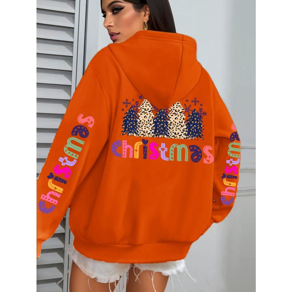 Merry Christmas Leopard Trees Printing Hoodie Women Hip Hop All-Match Streetwear Casual Loose Hoodies Autumn Woman Hoody