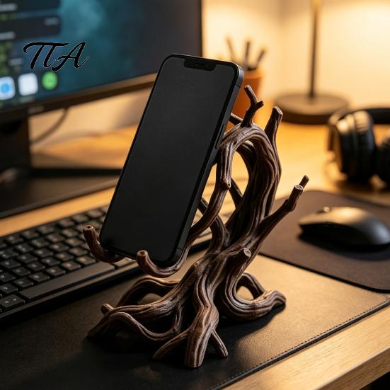 Stable Desk Accessories 3D Printed Tree Branch Phone Stand, Artistic Twisted Wood Holder Unique Root Ornament for Cell Phone, Rustic Organic
