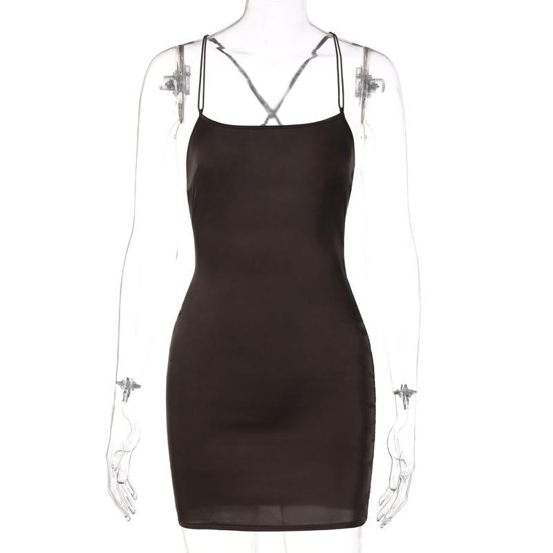 Cross Border European and American Women's Summer Dress Satin One Line Neck Sexy Revealing Backpack Buttocks Dress