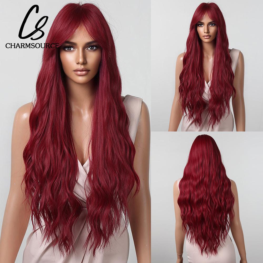CharmSource Lange natürliche gewellte Perücke mit ordentlichem Pony/Fransen für Frauen, rosa Haar, synthetische Perücken, Cosplay, Party, hitzebeständige Faser