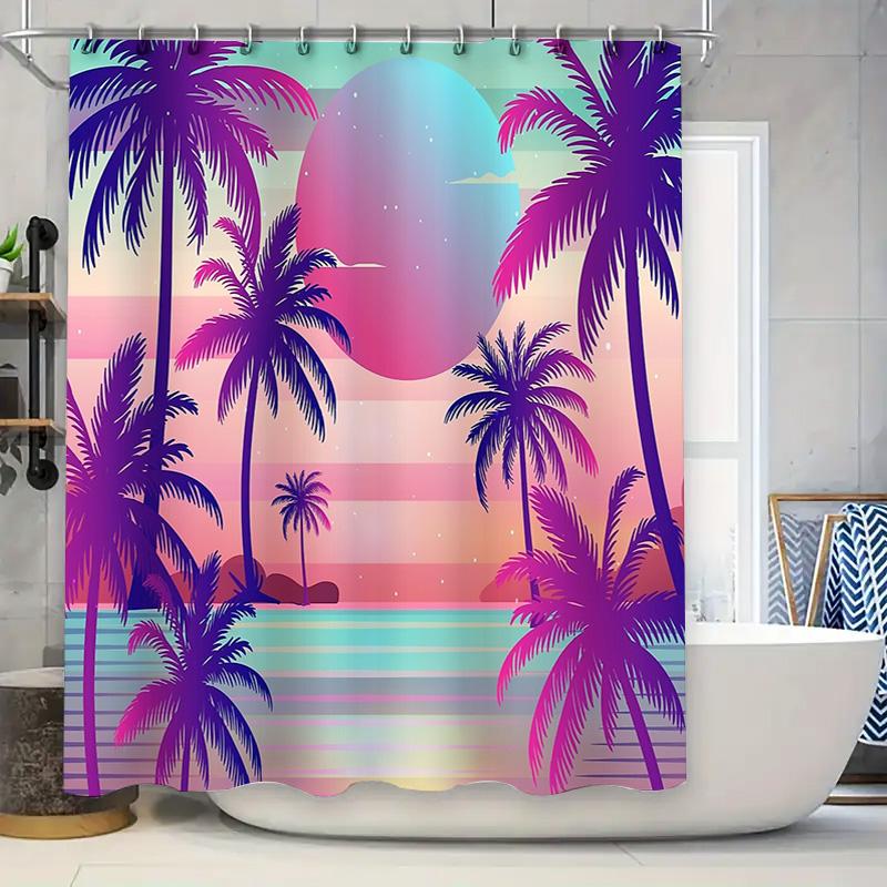 

Tropical Beach Shower Curtain Ocean Sunset Palm Tree Liner Bathroom Decor Hawaiian Vibes Coastal Themed Home Textile Wall Hangin W60H190(CM)-1 Pcs