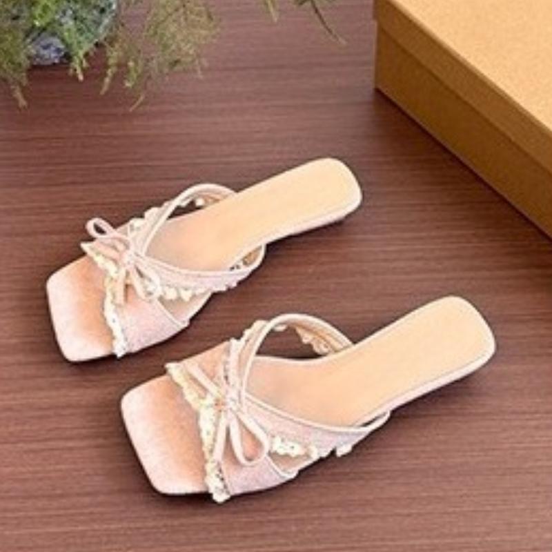 2026 New Designer Summer Butterfly-knot Lace Women Slippers Casual Thick Low Heel Dress Street Style Slides