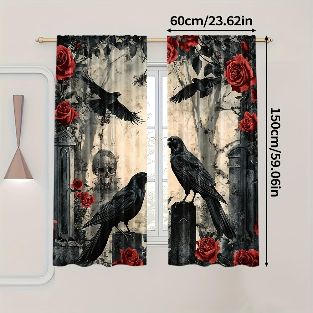 2pcs Gothic Style Print Curtains Crow Raven Red Rose Skull Design Dark Romantic Polyester Window Drapes for Living Room Bedroom