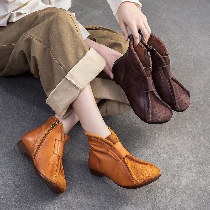 Johnature Genuine Leather Women's Shoes Flat Bottomed Comfortable Retro Short Boots