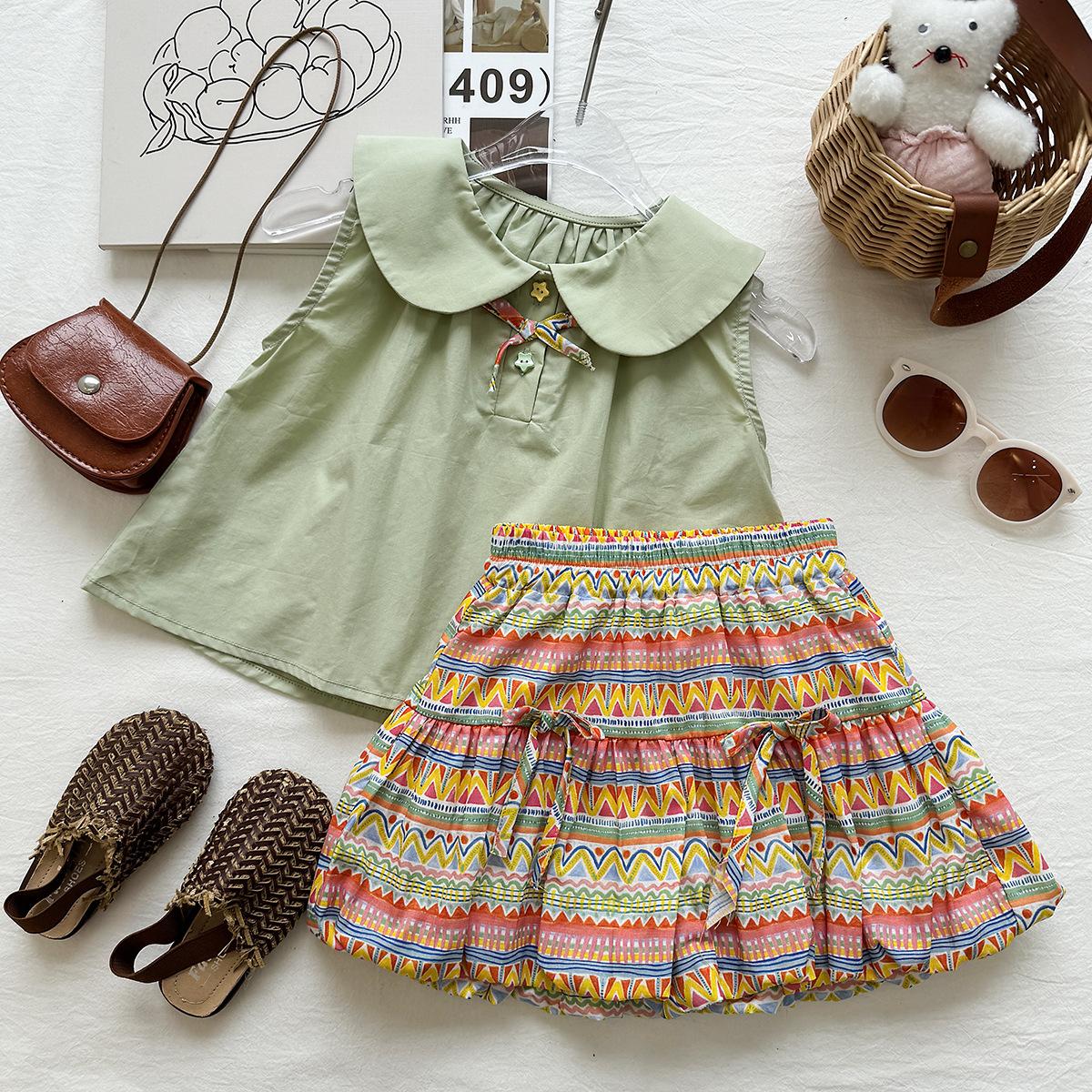 Girls Summer Vintage Peter Pan Collar Vest And Printed Lantern Pants Two Piece Set 90cm