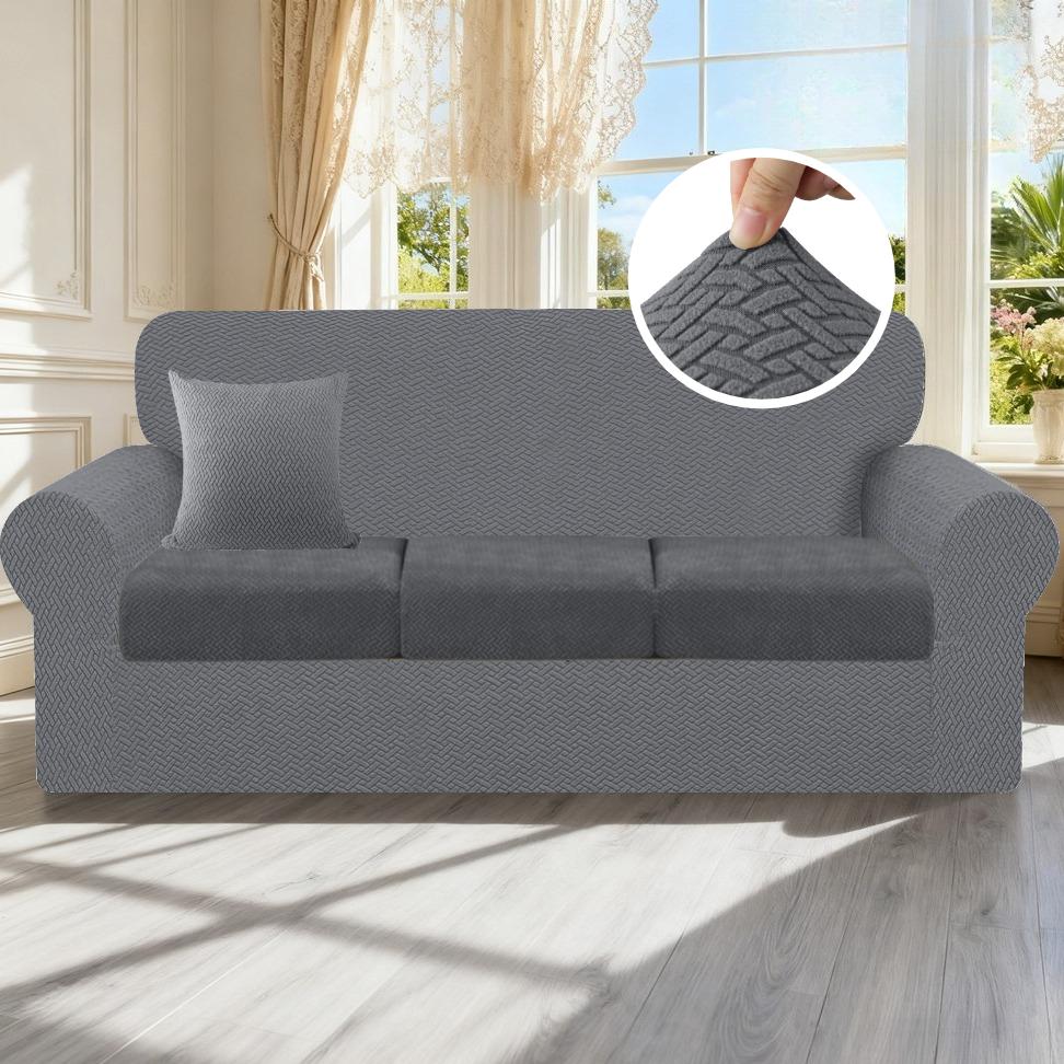

Jacquard Spandex Couch Covers Thicken Stretch Sofa Slipcover with Cushion Cover Elastic Furniture Protector for Dogs Kids Pets 1 Seater 90-140cm сірий