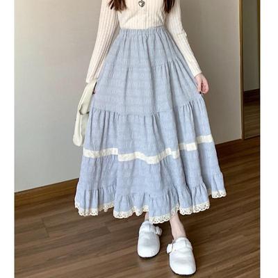 French Elegance Summer Blue Plaid Lace Splicing Sweet Cute Skirts Vintage Mori Girl Y2k High Waist A-line Long Skirt for Women