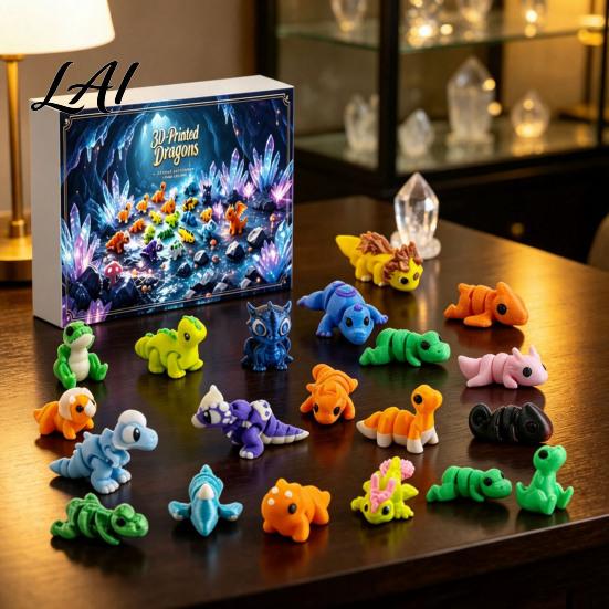 Plastic Dinosaur Figures 3D Printed Advent Calendar 24-Day Mini Articulated Figure Set Holiday Calendar for Kids Christmas Countdown Box with