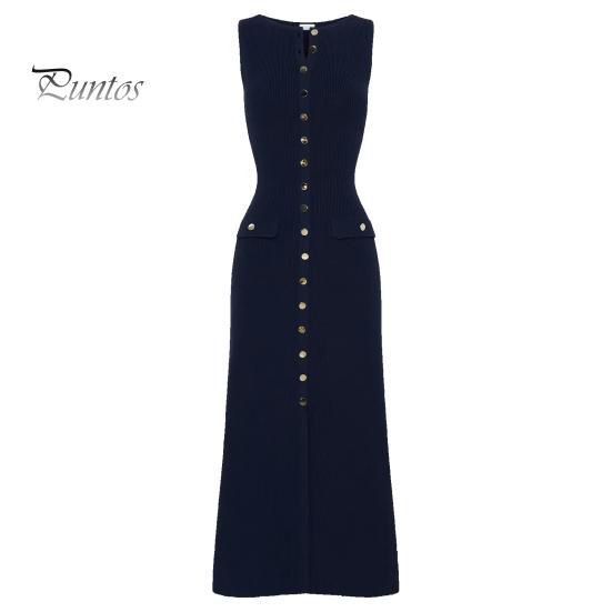 

Летнее женское платье трикотажное платье-футляр Slim Fit сплошной цвет с круглым вырезом эластичное однобортное платье без рукавов на пуговицах длиной до середины икры S синий