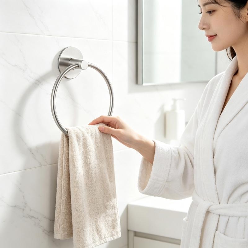 Wall Mounted Towel Holder With Adhesive Base, Metal Round Towel Loop for Bathroom Kitchen Tile Glass Marble and Guest Room Indoor Use