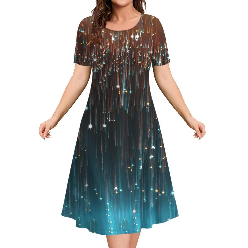 Elegant Women Short Sleeve Fashion 3d Print Midi Dress Plus Size Beach Clothing