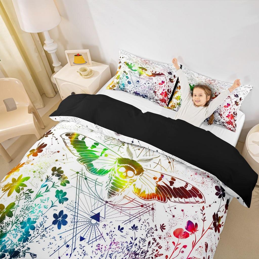 Erosebridal Sugar Skull Comforter Cover Set Skeleton Bones Duvet Cover,Gothic Moth Decor Bedding Sets Twin Magic Unicorn Rabbit Skulls Beddi