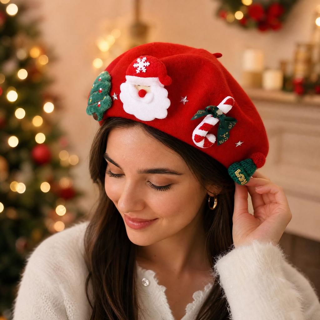 Women's Christmas Warm Beret with, Stylish Versatile Painter Hat