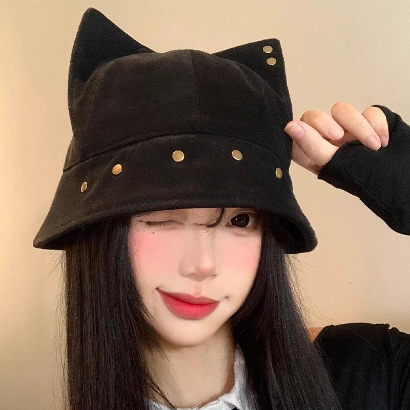 Niedlicher Lustiger Katzenohren Fischerhut Vintage Nieten Vielseitiger Lässiger Fischerhut