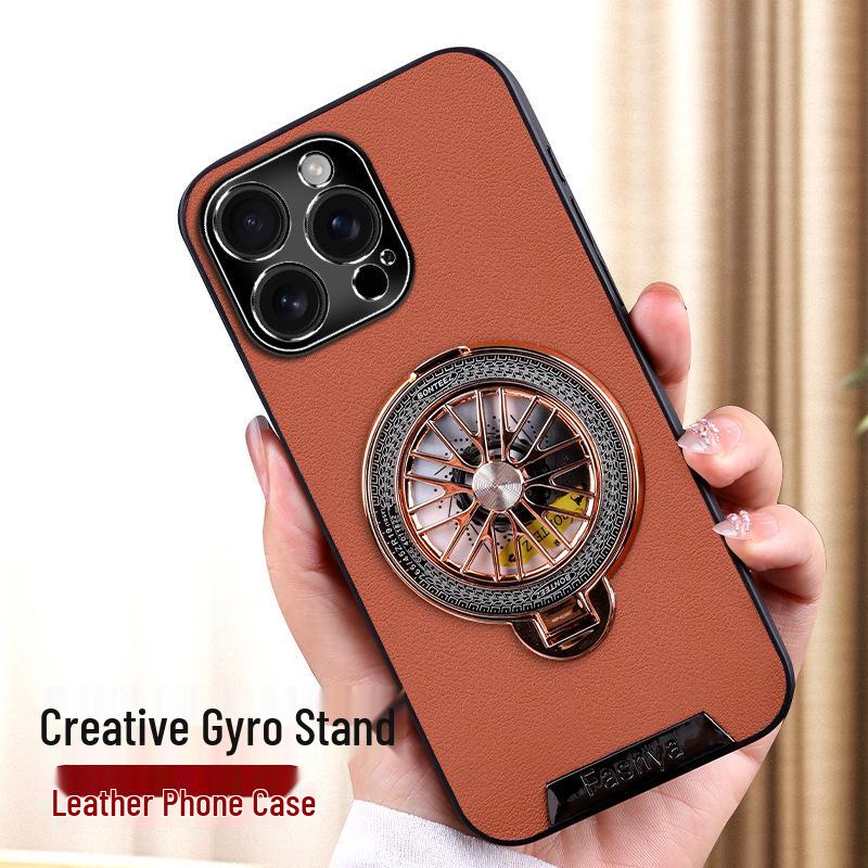 17ProMax Leather Decompression Gyro Stand Case - Drop-Proof Protective iPhone 14/15 Cover