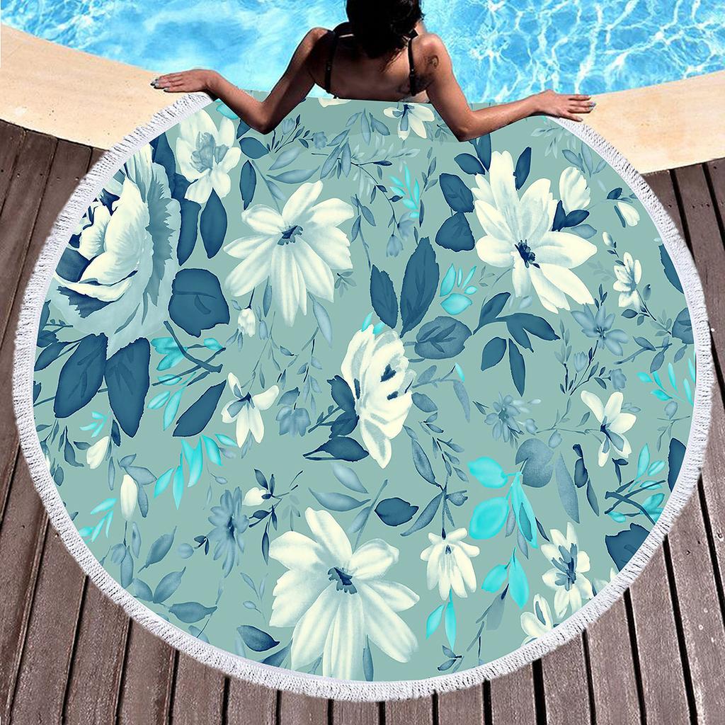 Vintage Floral Round Beach Towel with Tassels, Farmhouse Flower Beach Blanket, Soft Microfiber Yoga Meditation Mat Picnic Rug