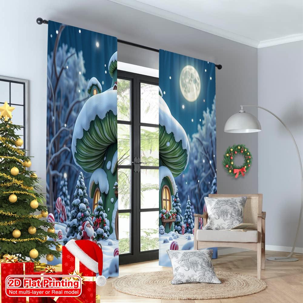 2pcs 2D Flat Printing Merry Christmas Window Drapes Christmas Elf House Snow Globe Polyester Fabric Without Electricity Party