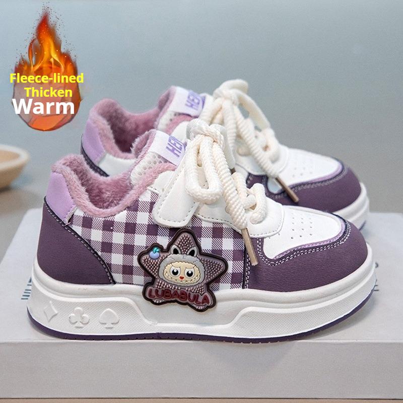 Autumn and Winter Girls' Fleece-lined Warm Sports Shoes Fashionable Double-cotton Shoes Children's Casual Sneakers