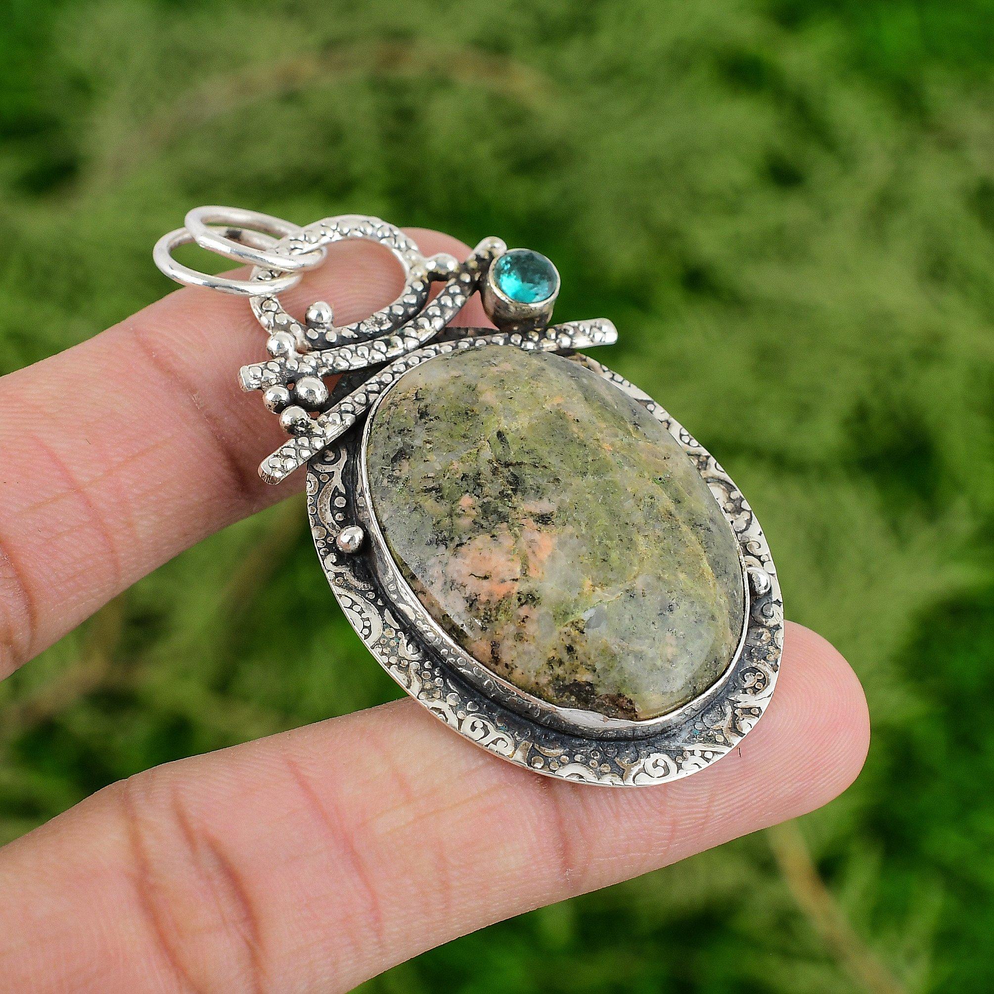 

925 Sterling Silver Unakite Gemstone Indicolite Heart Chakra New Pendant Jewelry