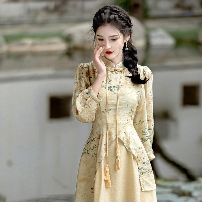 Women's Retro Chinese Buttoned Cheongsam Dress - Spring/Autumn Long Skirt