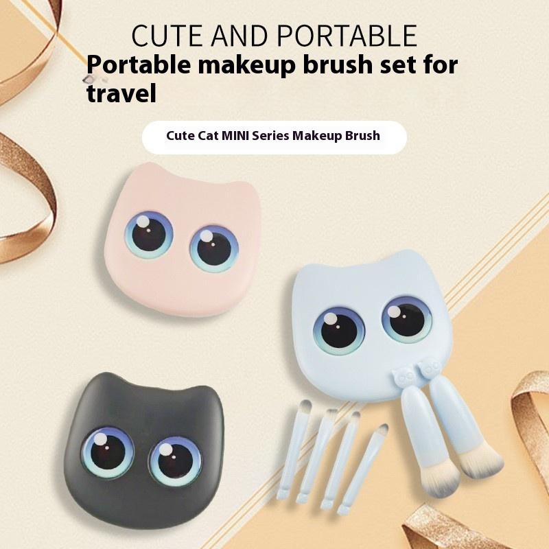 6 Stück Mini Reise-Make-up-Pinsel Set Mit Spiegel Katze Aufbewahrungsbox Reise-Make-up-Pinsel Set Kosmetikpuder Rouge Verblendungsbürsten