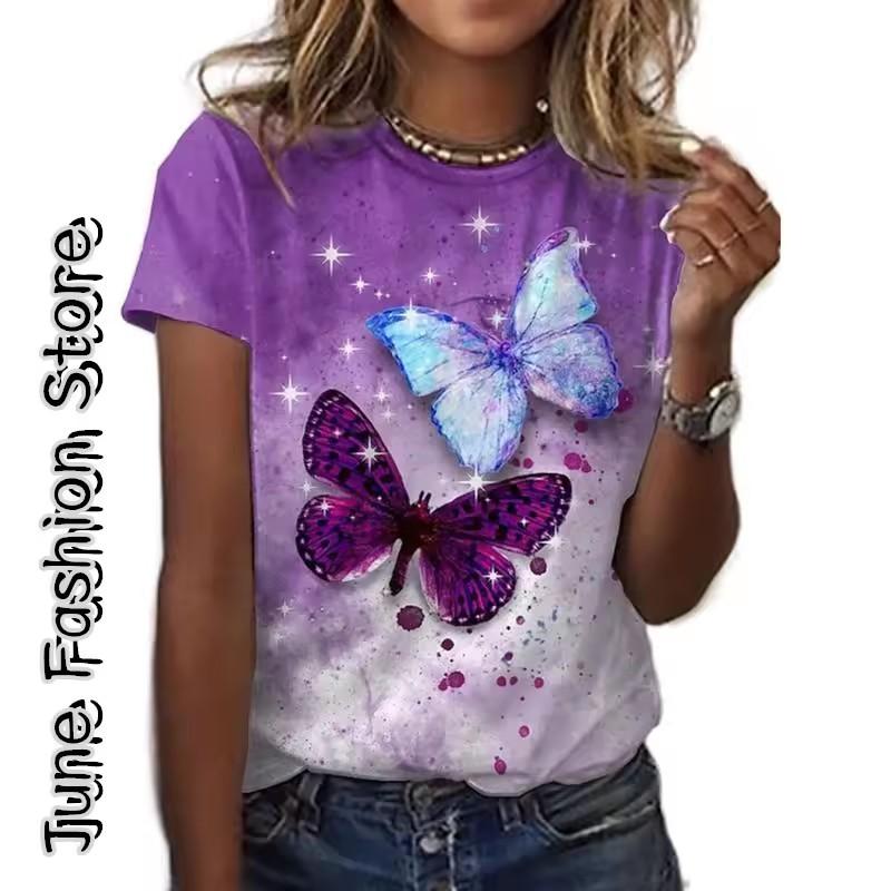 Summer Women's T Shirt Animal Weekend 3D Print Butterfly Graphics Light Green Short Sleeve Tee Fashion Round Neck Tops