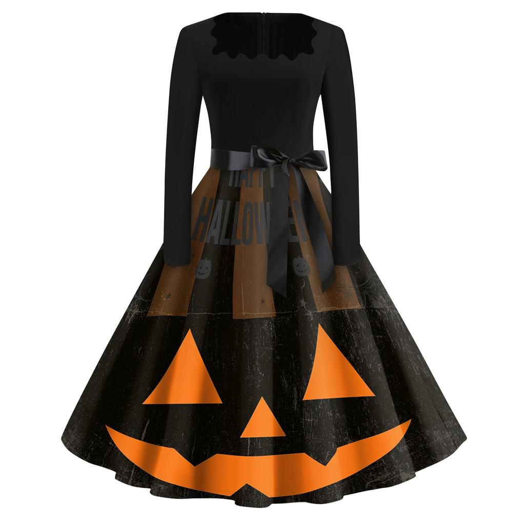 Women's Square Neck Retro Dress with Halloween Print for Casual Parties and Festive Occasions