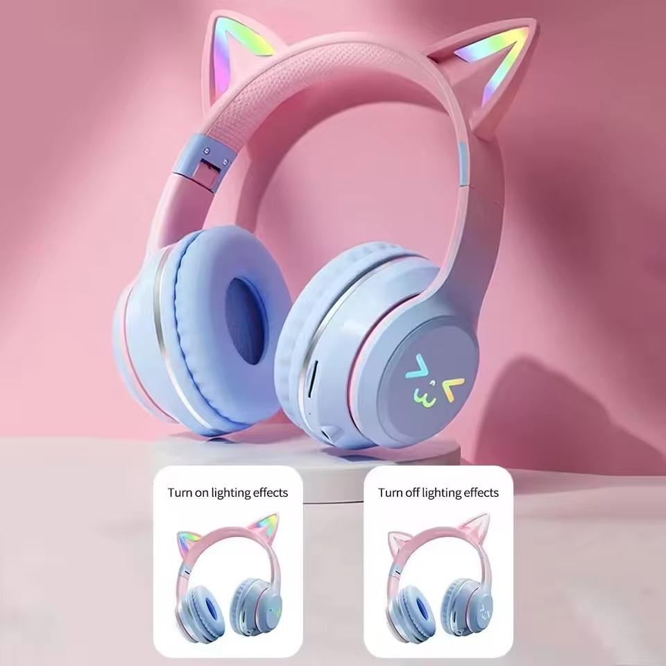 Casque sans fil Bluetooth 5.1 avec oreilles de chat mignonnes, lumières colorées RVB, casque de jeu musical, écouteurs stéréo, cadeaux pour filles et enfants