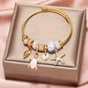 High Quality Gold Plated Stainless Steel Butterfly Heart Charm Bracelet Crystal Pearl Pendant Fashionable Bangle Unisex