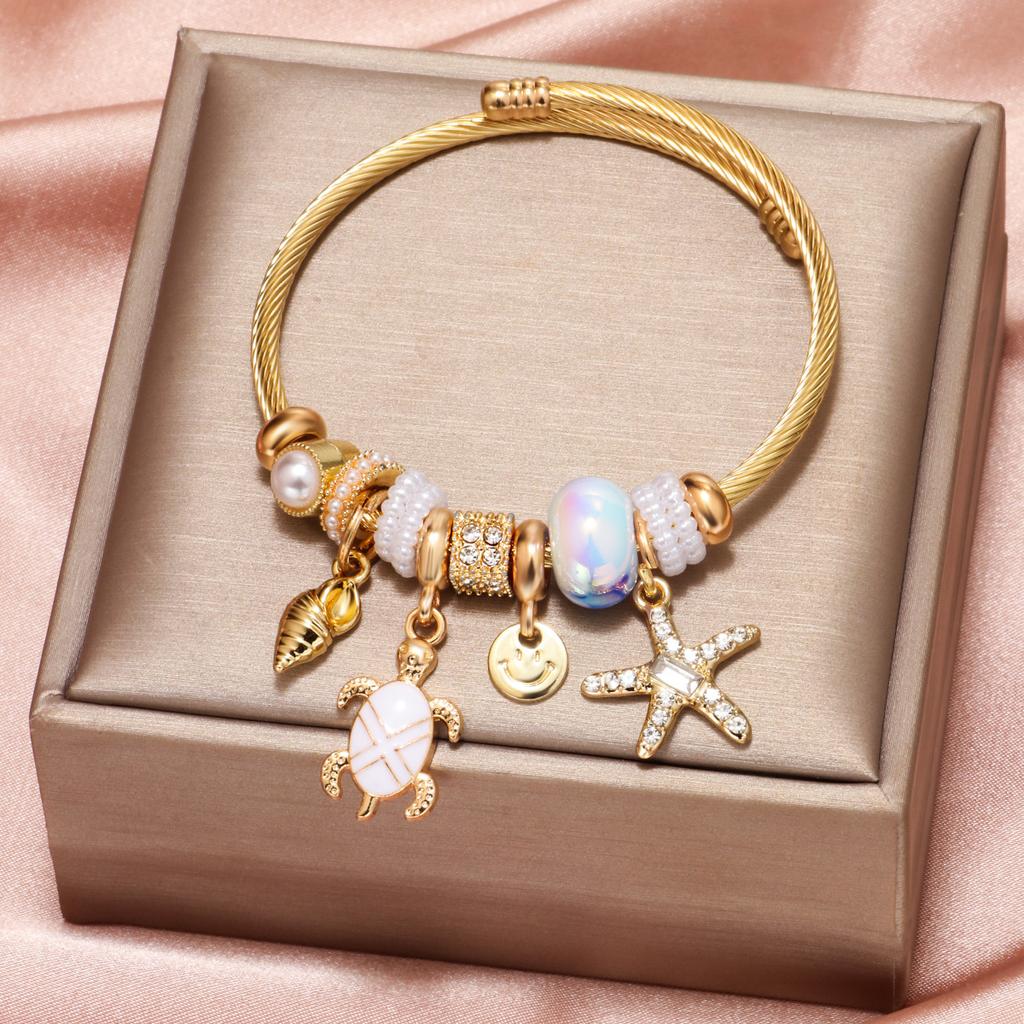 High Quality Gold Plated Stainless Steel Butterfly Heart Charm Bracelet Crystal Pearl Pendant Fashionable Bangle Unisex