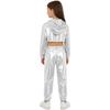 Mädchen Langarm-Hoodie mit asymmetrischem Saum, Metallic-Schnitt, Hip-Hop-Jazz-Set, Spaghettiträger-Top und glänzender Hose