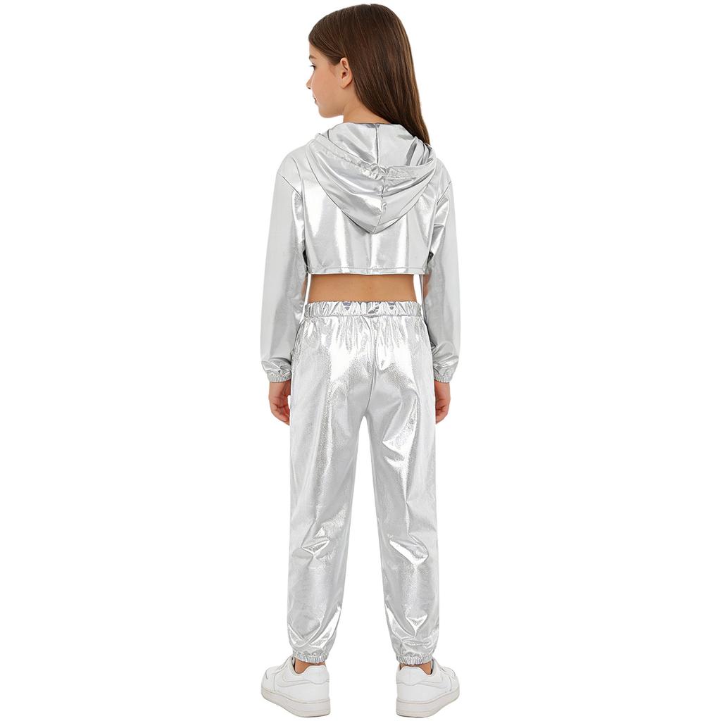 Mädchen Langarm-Hoodie mit asymmetrischem Saum, Metallic-Schnitt, Hip-Hop-Jazz-Set, Spaghettiträger-Top und glänzender Hose