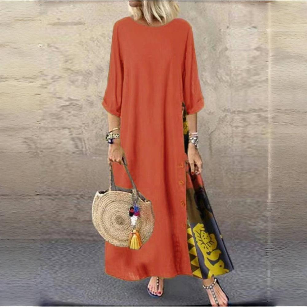 LYRIA Baumwolle Leinen Vintage Lange Kleider Damen Dreiviertelärmel Splicing Druck Lockeres A-Linien-Kleid Mode Lässig Damen Maxi Vestido