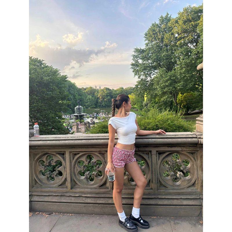 

European and American Sexy Red and White Plaid Low Waist Mini Bud-Shaped Pants Red and White Pants S