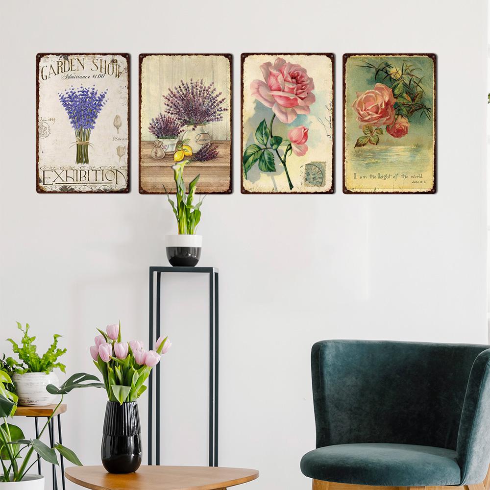 Pastoral Style Flower Plaque Metal Tin Sign Lavender Rose Retro Plates Poster for Living Room Home Garden Wall Decor 20x30cm