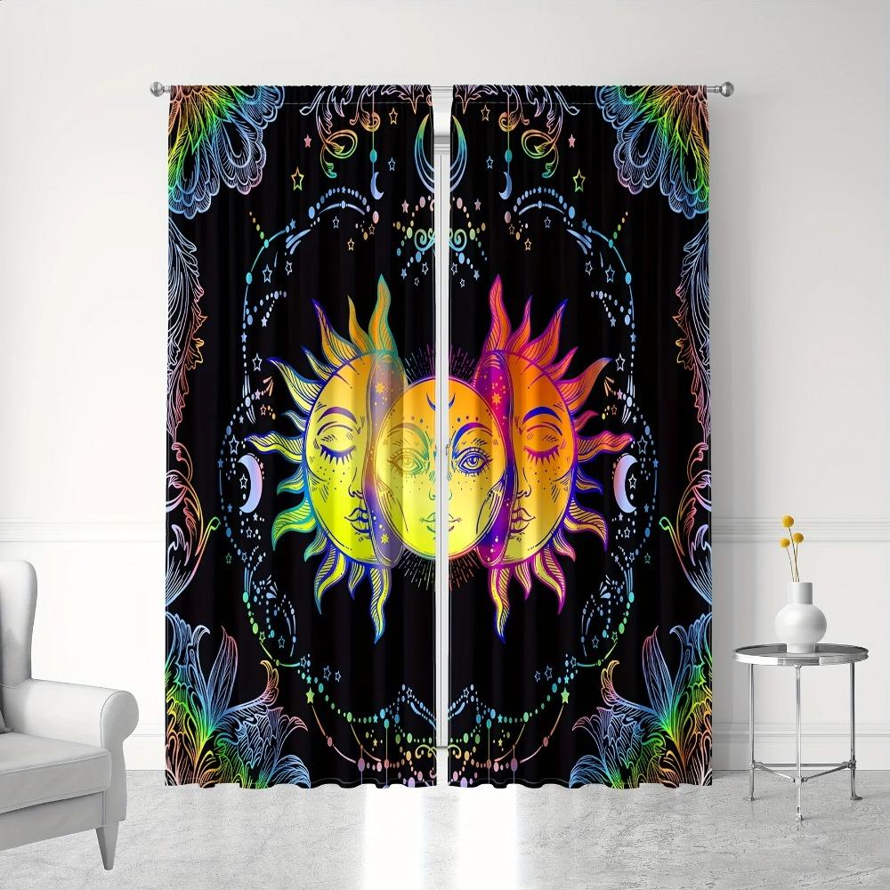 2pc Drapes Ebony Sun Face Printed Drape , Rod Pocket Drapes Ideal for Kitchen Cafe Livingroom Space Household Decoration Windowpane Shadecortinas