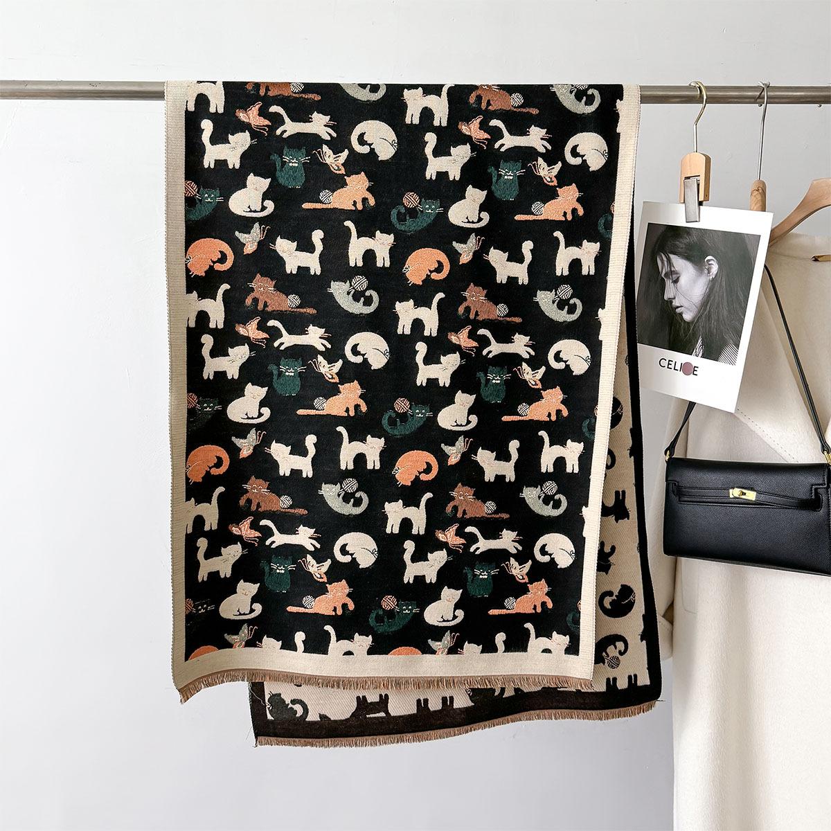 

Роскошное Теплое Пончо Кашемир Зима Женский Шарф Милый Принт Кошки Шаль Накидки Женский Толстый Пашминовый Плед Буфанда Путешествия Эшарп 66X186cm