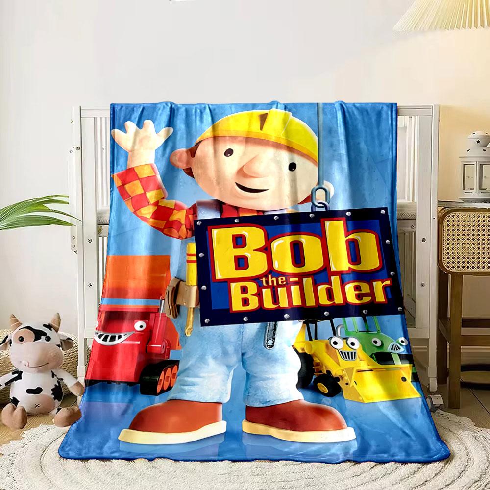 

A cheerful builder with vivid construction vehicles in the background. for all seasons blanket lunch break throw gift 80cm x 120cm
