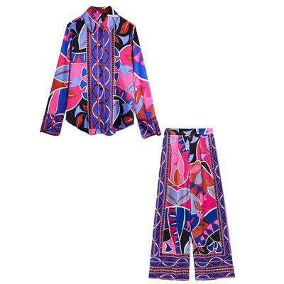 Avslappet Sommerdrakt Flytende Trykk Løs Nattøy Dame 2 Del Langermet Vide Bukser Dame Pyjamassett Vintage Streetwear